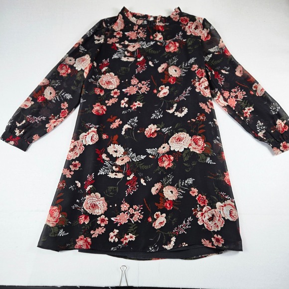 Loft Outlet Dresses & Skirts - Loft Outlet Floral Shift Dress Womens 6 Black Ruffle Neck Long Sleeve (D10)